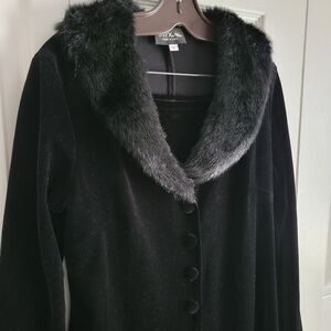 Vintage Elegant Long Black Velvet Coat with Faux Fur Collar, And Matching Pants